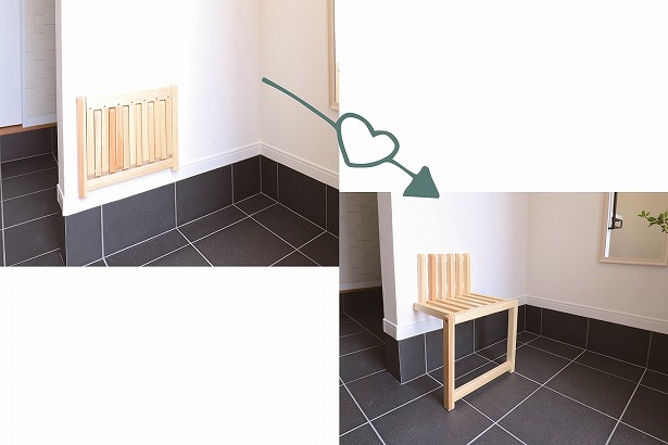 玄関にあると便利な壁付けの折りたたみ椅子