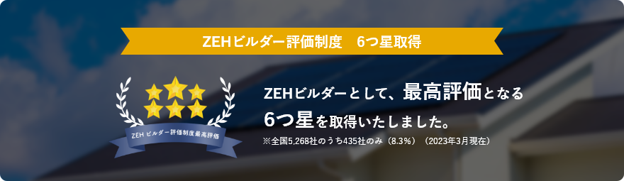 ZEHビルダー評価制度 ５つ星取得　ZEHビルダーとして、最高評価となる５つ星を取得いたしました。